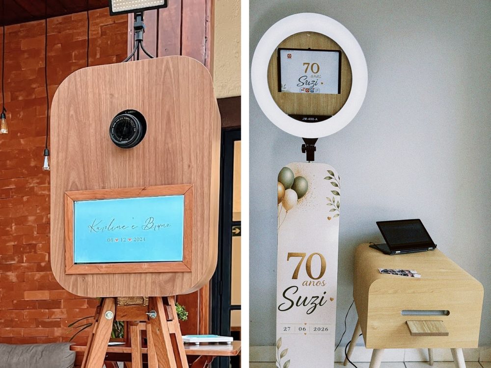Totem Retrô da La Kombine, em madeira e formato de câmera antiga, montado sobre tripé